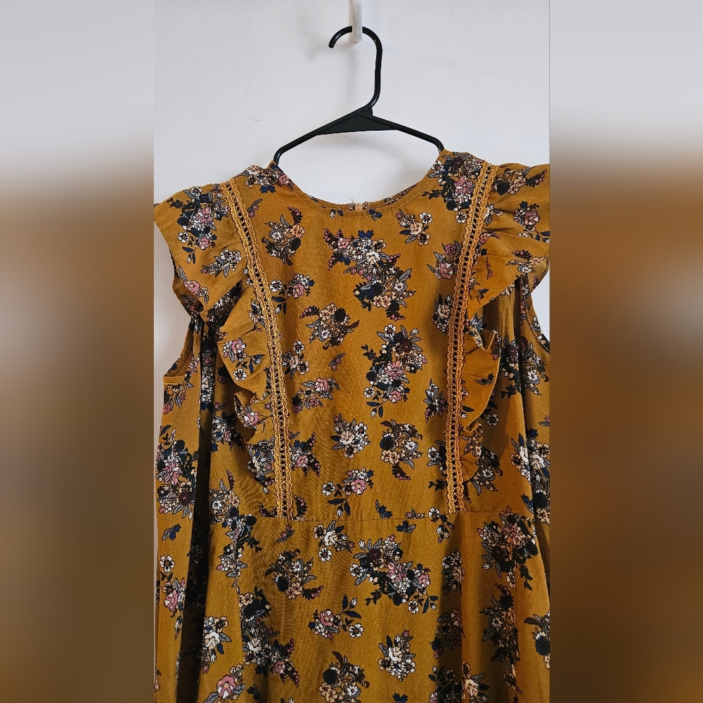 Moon River Mustard Floral Long Sleeve Dress - Picture 2 of 5